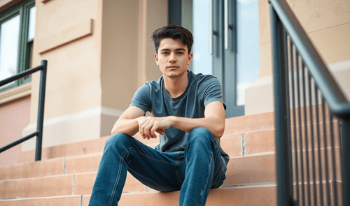 Young man sitting on a step.
