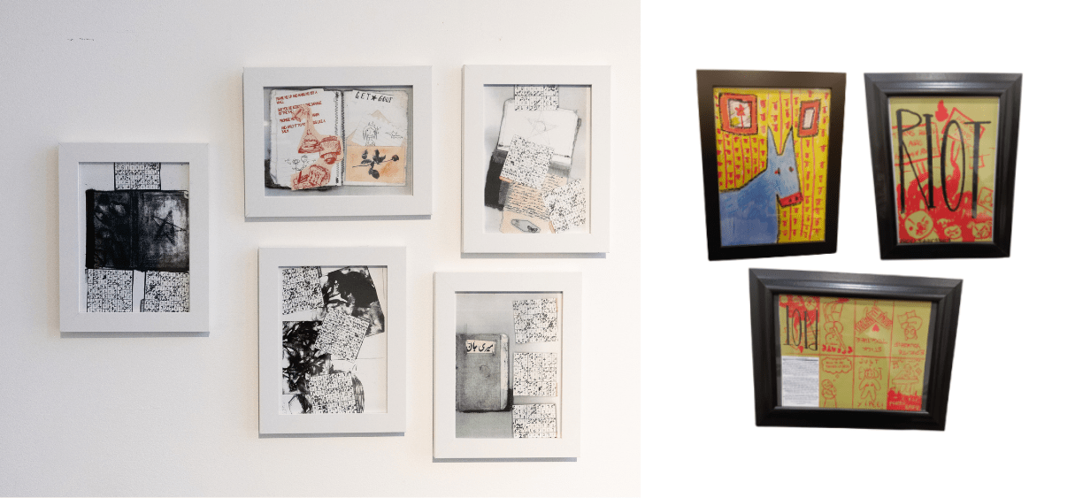 A series of framed drawings, one is in black and white with red accents, the other uses bright yellow and red colours.