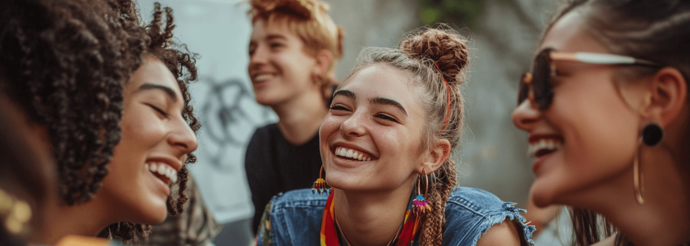 A candid, warm-toned photo of a diverse group of LGBTQIA+ young adults and allies gathered in a safe, affirming community space. They’re casually chatting, laughing, and connecting — some wear pride pins or rainbow accessories. 