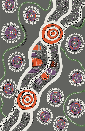 Aboriginal-style artwork with winding white pathways, dotted patterns in black, grey, and white, and circular motifs in orange, purple, and green. The design includes footprints and symbols representing community and connection