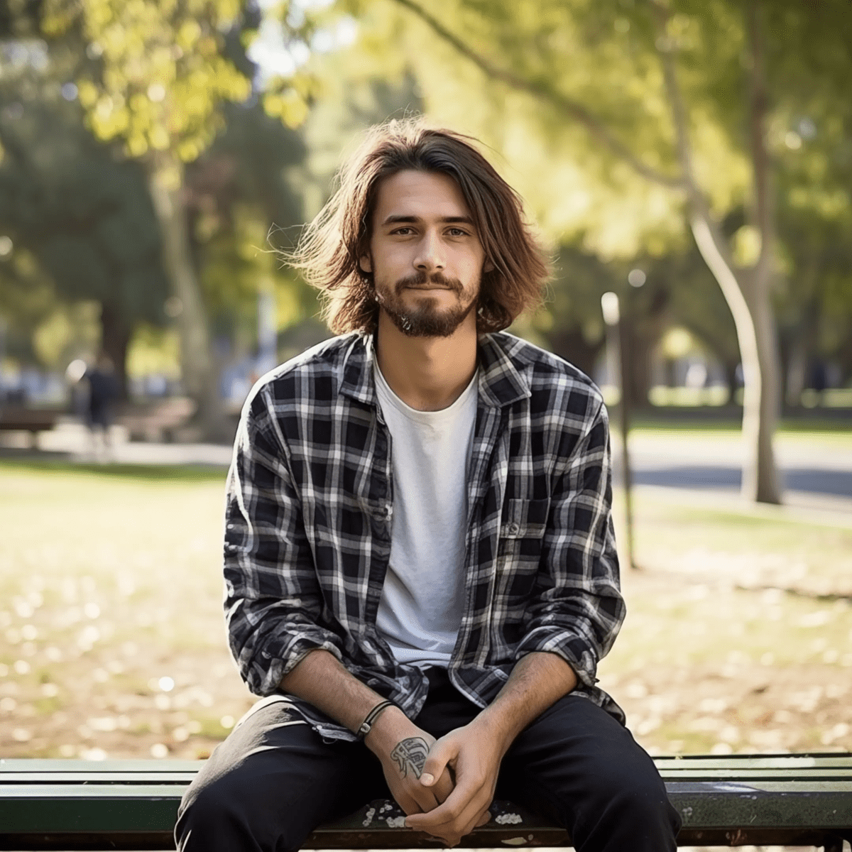 19 year old male with mid length brown hair sitting on a park bench in Melbourne