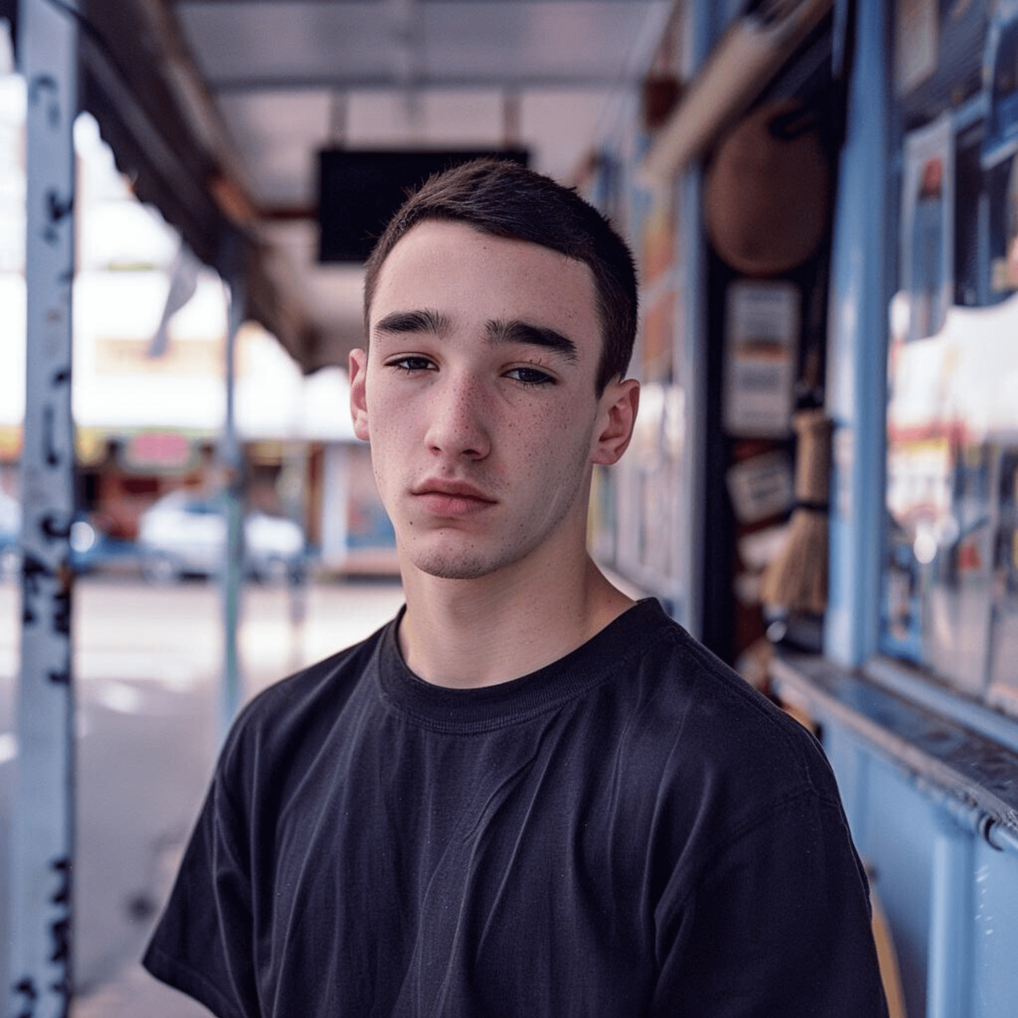 young male standing in suburban shopping strip