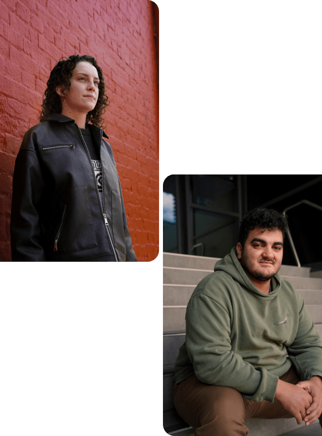 2 photos side by side. photo on the left of middle aged man. photo on the right of young female