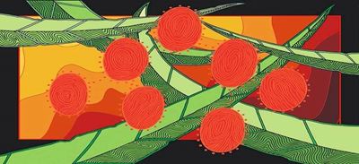 Aboriginal artwork by Mandy Nicholson. Ochre circles made of fingerprints laid over long green leaves. A background of yellows, oranges and reds.