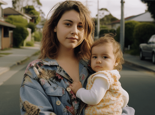 young woman holding her baby on a suburban street