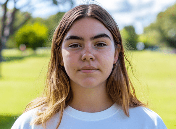 A profile photo of a 17 year old female wearing a white tshirt standing on the edge of a sunny park space