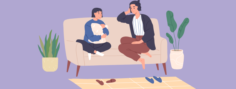 Illustration of a caregiver and child sitting on a couch, talking and smiling in a calm home setting, with plants and slippers nearby, conveying warmth and open communication.