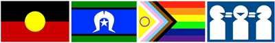 Flags: Aboriginal, Torres Strait, LGBTQIA+ and National Interpreter Symbol