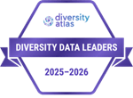 Purple outlined hexagon with a ribbon horizontally across the middle with the text "Diversity Data Leaders". In the top half of the hexagon is the Diversity Atlas logo. In the bottom half the text "2025 - 2026" 