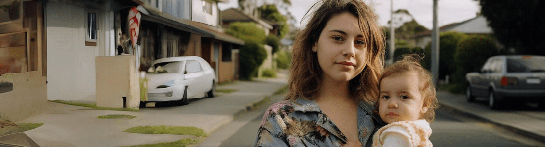 Young woman holding her baby girl on a suburban street