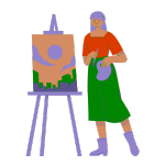 graphic drawing of woman next to easel in block colours