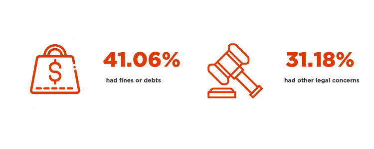 41.06% had fines or debts, and 31.18% had other legal concerns.