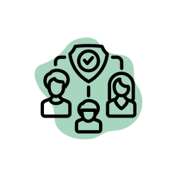 black outline icon of a 3 people - a male, child and woman. above each person is a line connecting up to a shield with a tick in the middle. icon is on a pale green splodge.