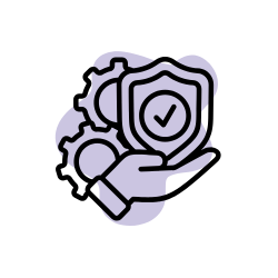 black outline icon of a hand holding a shield with a tick in the middle. 2 cogs layered behind. icon is on a pale purple splodge.
