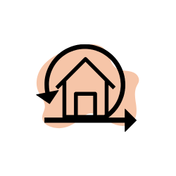 black outline icon of a house with a circular arrow arching anti-clockwise over the house and another arrow under the house pointing right. icon is on a pale orange splodge.