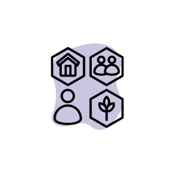 black outline icon with 4 points. top left is a hexagon with a house inside. top right is a hexagon with 2 people inside. bottom right is a hexagon with a plant. bottom left is a person. icon is on a pale purple splodge.