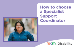 Purple tile with the text "How to choose a Specialist Support Coordinator". On the left there is a photo of a woman in a blue shirt.