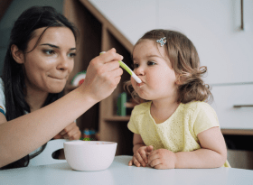 woman feeding a toddler with a spoon