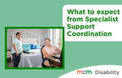 Green tile with the text "What to expect from Specialist Support Coordination". On the left there is a photo of a man and woman.