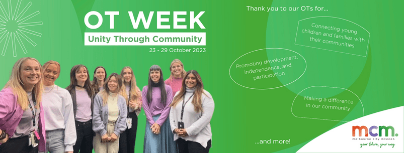 MCM OT week. Green background with a photo of OT staff.