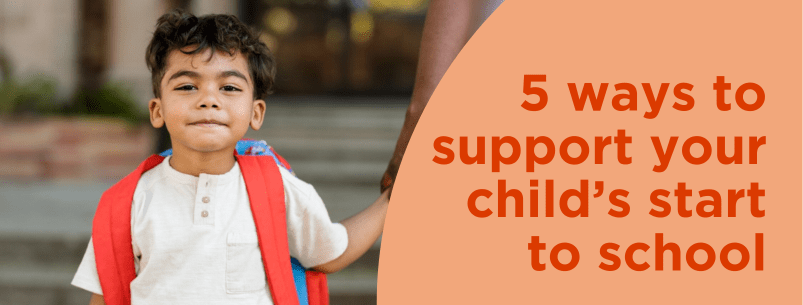 Young boy with backpack holding parent’s hand, smiling on school steps. Text on orange background reads “5 ways to support your child’s start to school” — blog about helping children with disabilities feel ready and confident to begin school