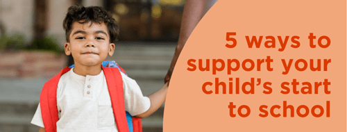 Young boy with backpack holding parent’s hand, smiling on school steps. Text on orange background reads “5 ways to support your child’s start to school” — blog about helping children with disabilities feel ready and confident to begin school