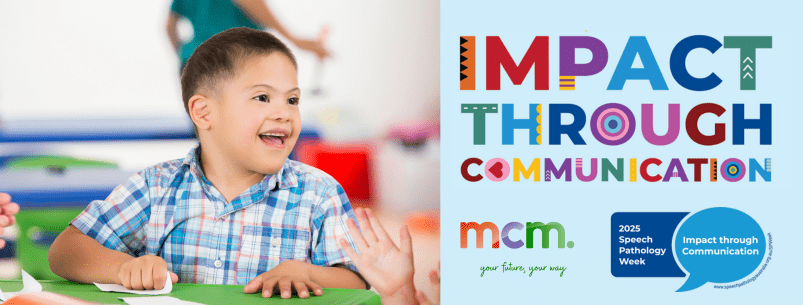 young boy of asian descent with down syndrome sitting in classroom setting. blue panel on the left hand side with the impact through communication logo, speech pathology australia logo and mcm logo
