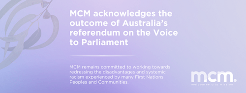 Purple background with white text: MCM acknowledges the outcome of Australia's referendum on the Voice to Parliament.