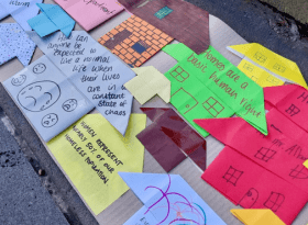 Close up of origami houses