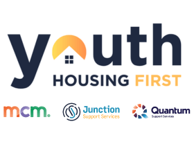 Logo for 'Youth Housing First,' with the letter 'o' in 'youth' stylized as a house with a yellow roof and small window. Below, 'HOUSING' is in dark blue and 'FIRST' is in orange. Below the main text are three logos: 'mcm.' in a multicolored, lowercase font; 'Junction Support Services' with a circular blue icon; and 'Quantum Support Services' with a circular design in shades of orange and blue.