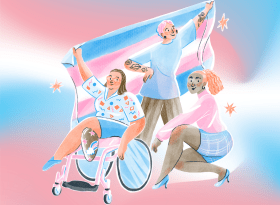 Large bold purple text "Transgender" with dark blue cursive text underneath "day of visibility". A pale marbled pink, blue and white background. A graphic of 3 people in pinks and blues holding up a transgender flag. One of the people is in a wheelchair, one has dark skin, one has tattoos