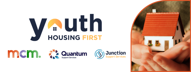 Youth Housing First logo with MCM, Quantum and Junction logos