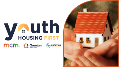 Youth Housing First logo with MCM, Quantum and Junction logos