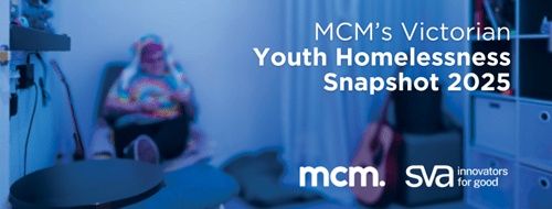 Person sitting on a chair in a small room, wearing headphones and a tie-dye shirt, with the text "MCM’s Victorian Youth Homelessness Snapshot 2025" and logos for MCM and SVA (Social Ventures Australia) overlaid.