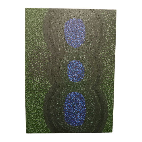 A dot painting with three overlapping circles in the middle, with blue, dark, and light green dots.