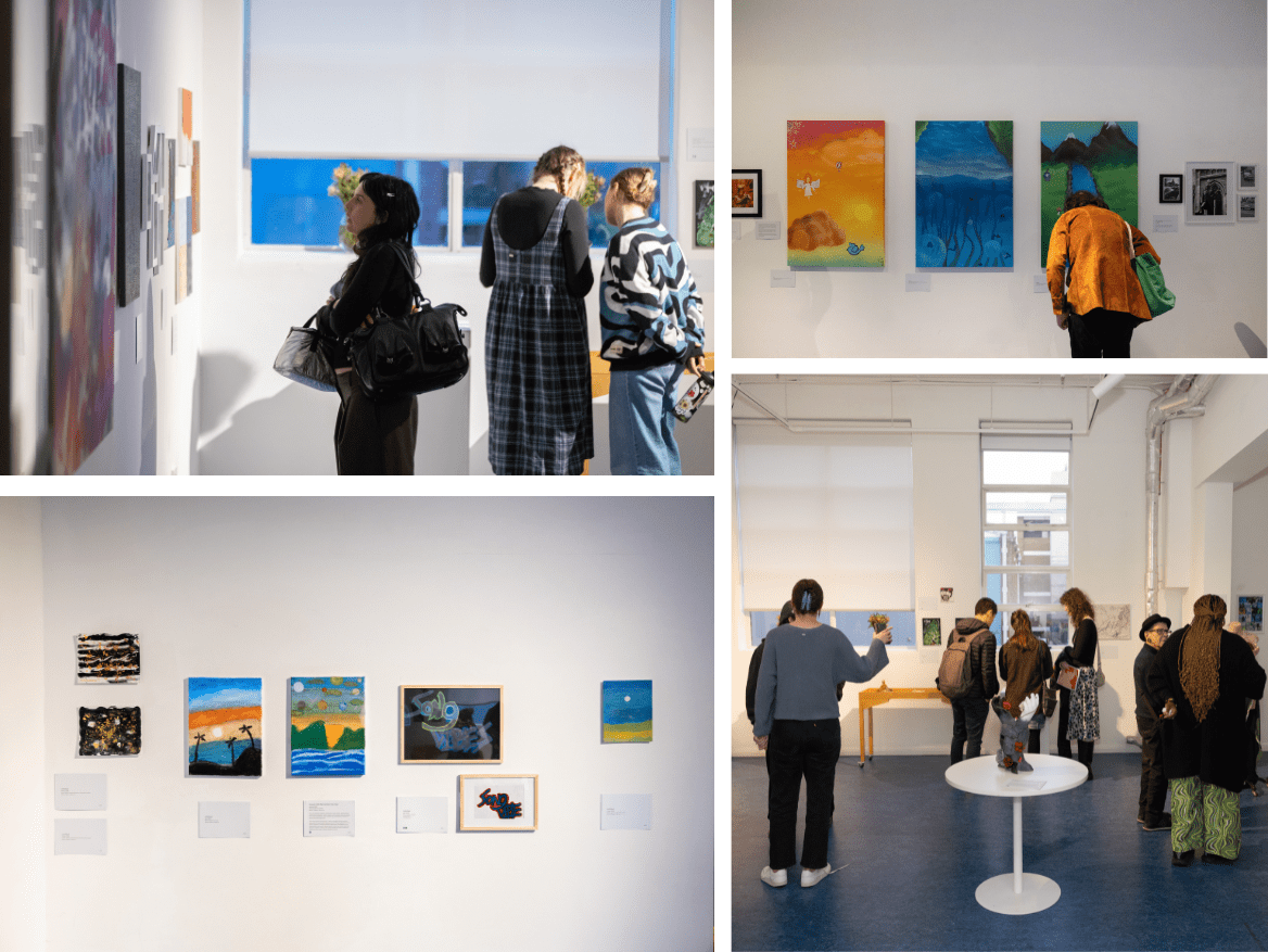 A collection of photos of people visiting and viewing the artwork in the gallery space.
