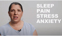 Photo of a woman with the words "Sleep, pain, stress, anxiety" in white text to the right